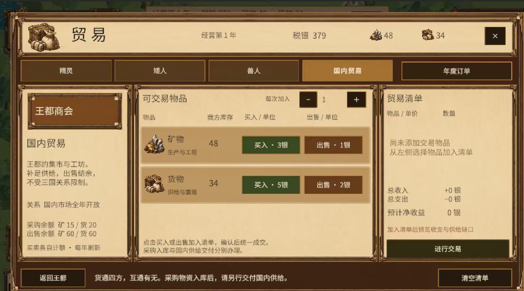 国王复兴贸易界面与交易清单